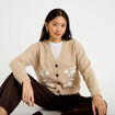 Gilet brod&eacute; col v manches longues beige femme