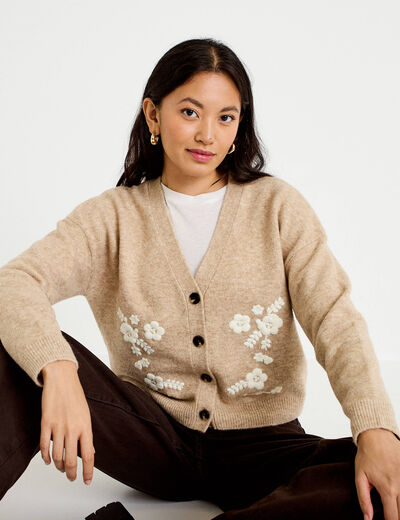 Gilet brod&eacute; col v manches longues beige femme
