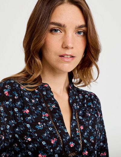 Chemise col v manches longues noir femme