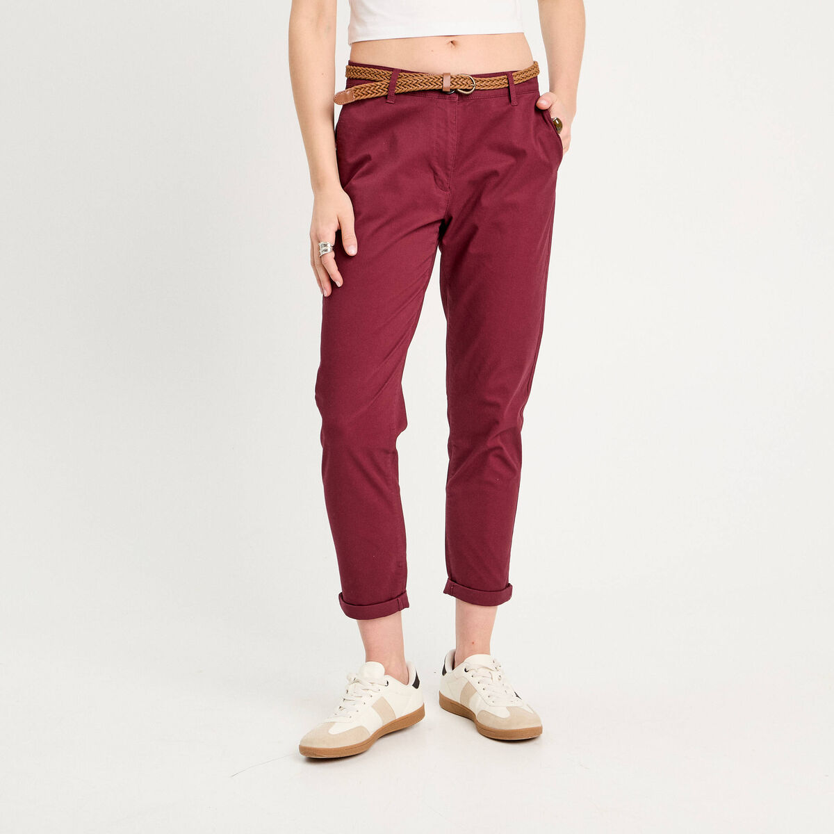 Pantalon chino 7/8ème bordeaux femme