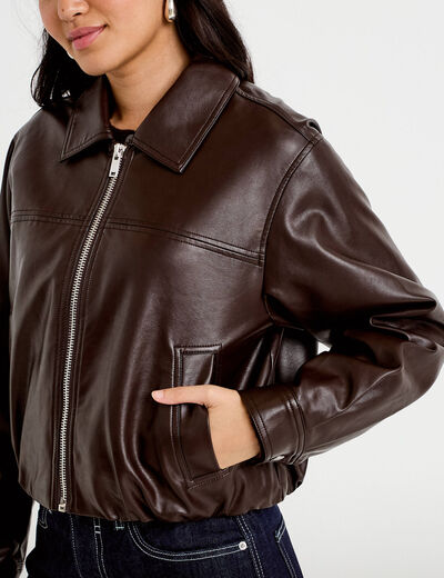 Veste effet boule manches longues marron fonc&eacute; femme