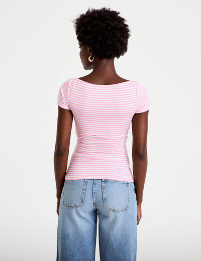 Top ajust&eacute; col bateau manches courtes rose clair femme