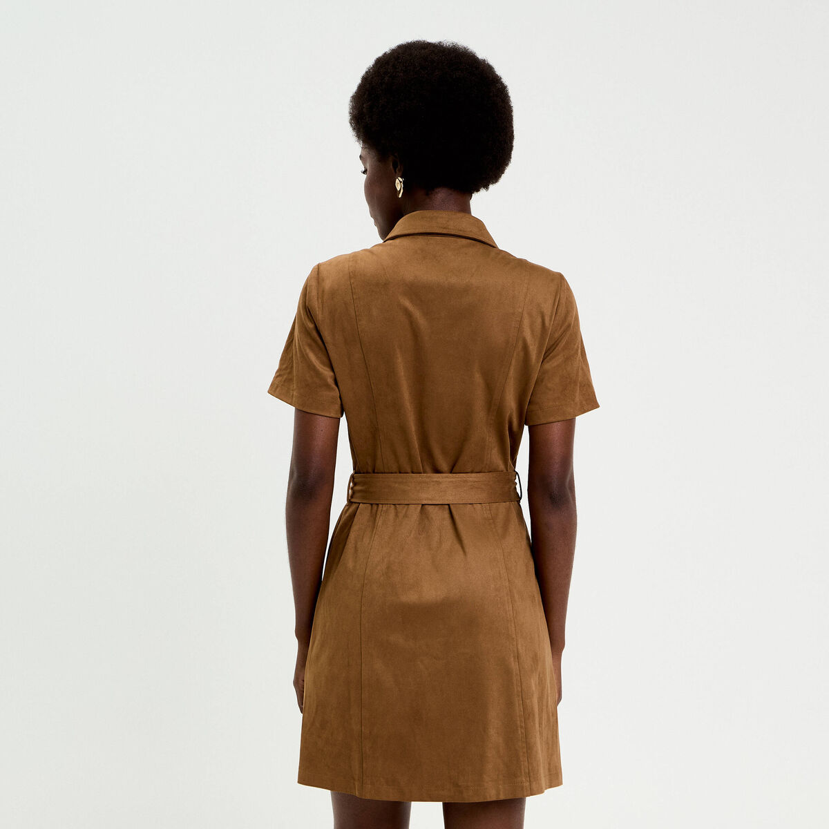 Robe boutonn&eacute;e aspect daim marron fonc&eacute; femme