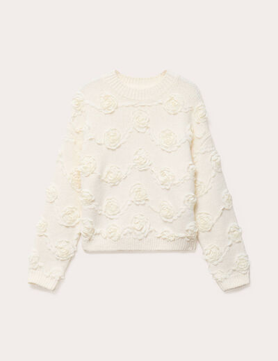 Pull fleurs en relief ecru femme