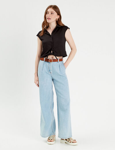 Blouse manches courtes nouée noir femme