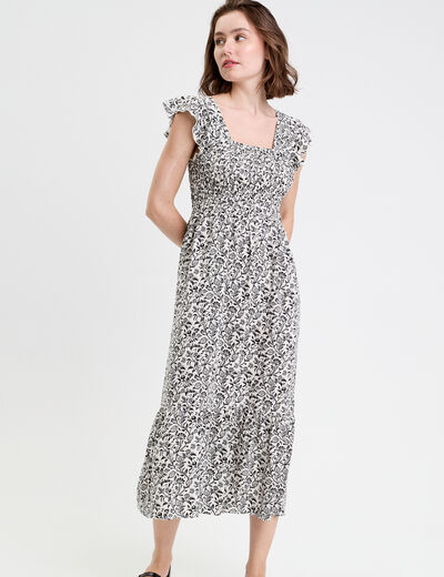 Robe longue évasée smockée blanc femme