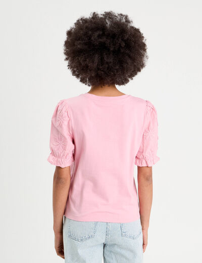T-shirt manches brodées rose poudrée femme