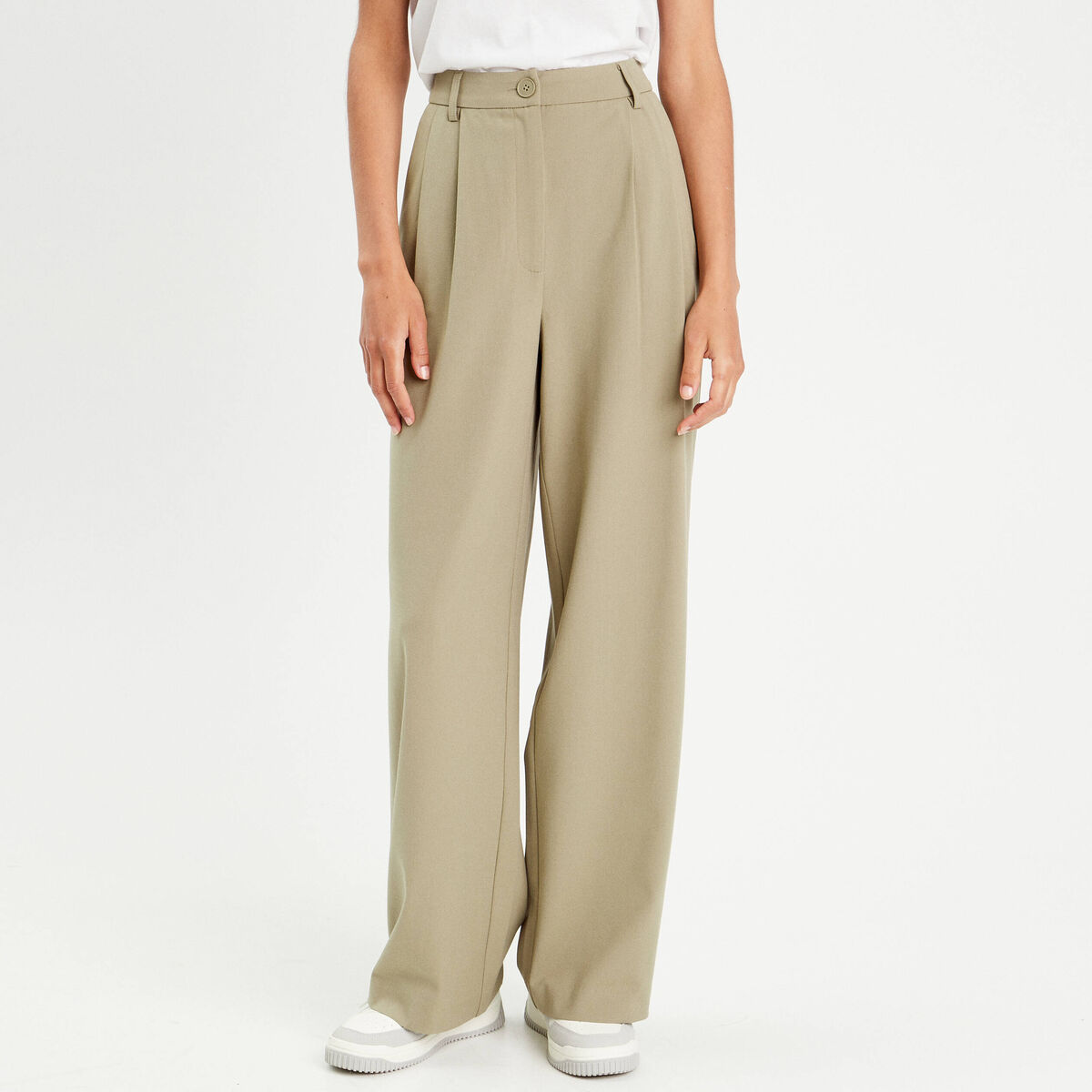 Pantalon large à pinces vert kaki femme