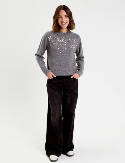 Pull avec perles gris fonc&eacute; femme