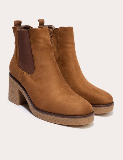 Bottines &agrave; talon aspect daim camel femme