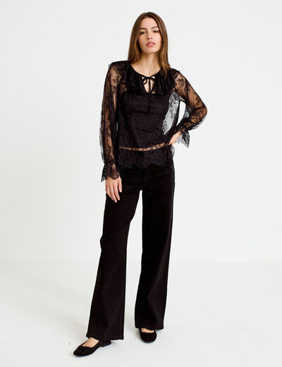 Blouse manches longues en dentelle noir femme