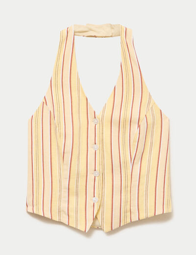 Gilet cintr&eacute; cropped col v sans manches jaune paille femme