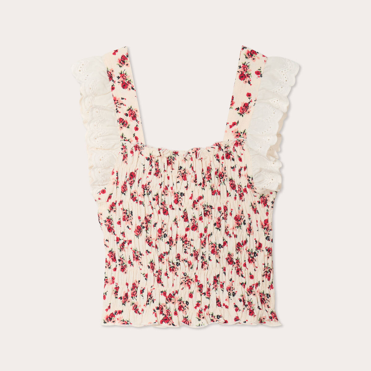 Débardeur smocké brodé blanc femme