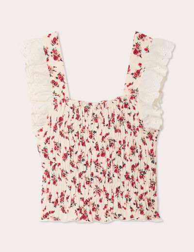 Débardeur smocké brodé blanc femme