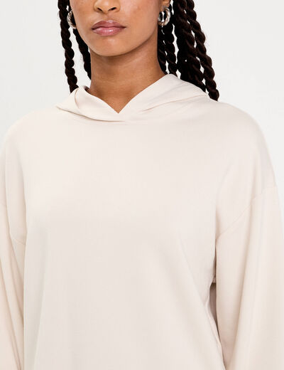 Sweat &agrave; capuche manches longues ecru femme
