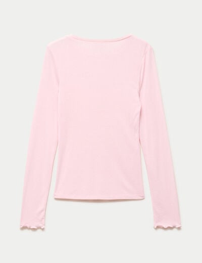 T-shirt ajust&eacute; col rond manches longues rose clair femme