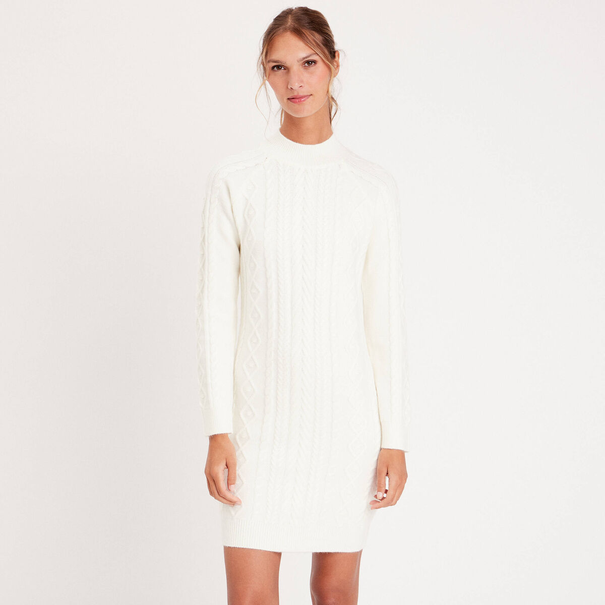 Robe pull droite torsades ecru femme