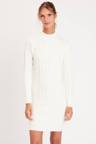 Robe pull droite torsades ecru femme