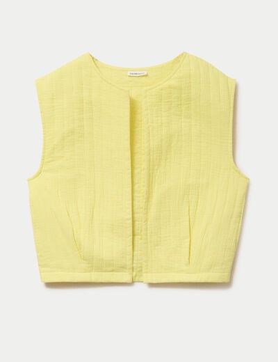 Gilet barman ample cropped pliss&eacute; jaune citron femme