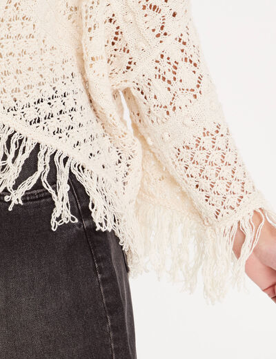 Gilet ajouré avec franges ecru femme