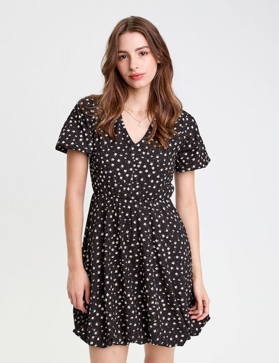 Robe courte évasée col v manches courtes noir femme