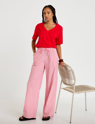 Pantalon large taille haute rouge femme