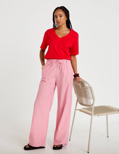 Pantalon large taille haute rouge femme
