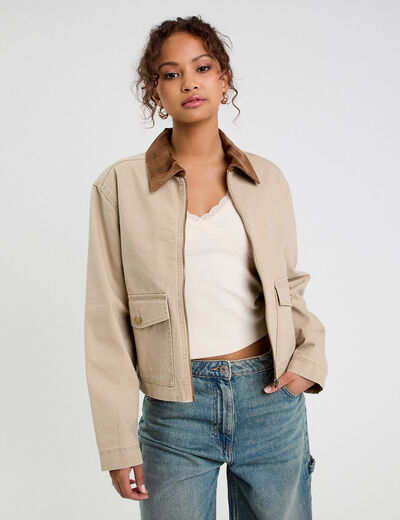 Veste zippée col effet velours beige fonce femme