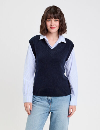 Pull 2-en-1 col en V bleu marine femme
