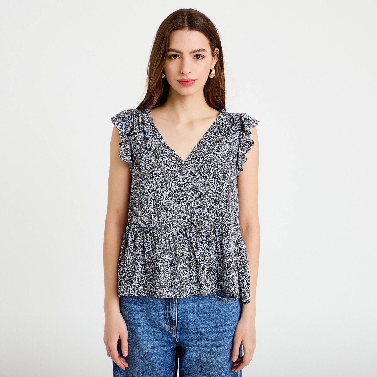 Blouse sans manches col v bleu femme