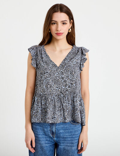 Blouse sans manches col v bleu femme