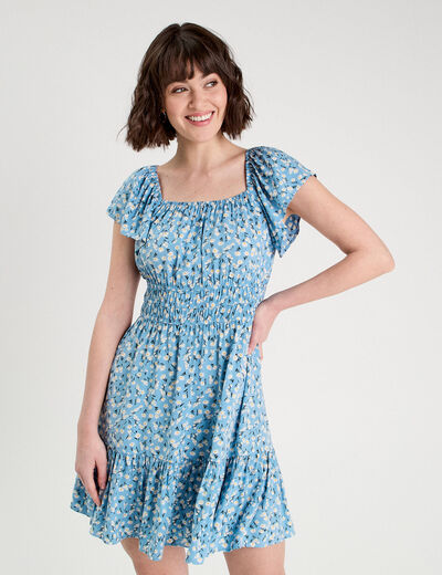 Robe évasée manches courtes bleu femme