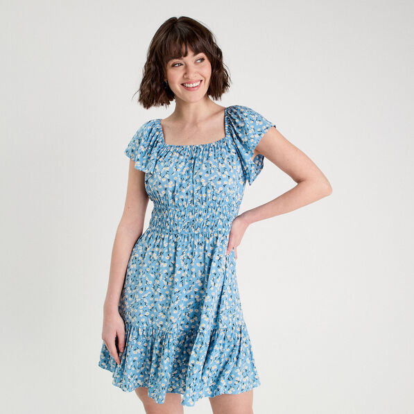 Robe évasée manches courtes bleu femme