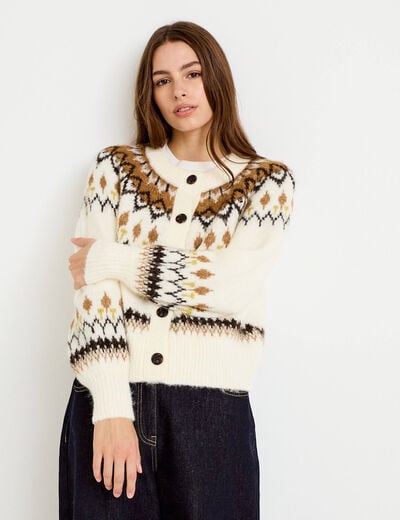 Gilet col rond manches longues ivoire femme