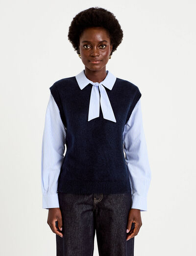 Pull fin 2-en-1 manches longues bleu marine femme