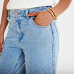 Jean wide leg broderie taille haute bleu femme
