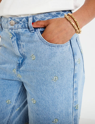 Jean wide leg broderie taille haute bleu femme