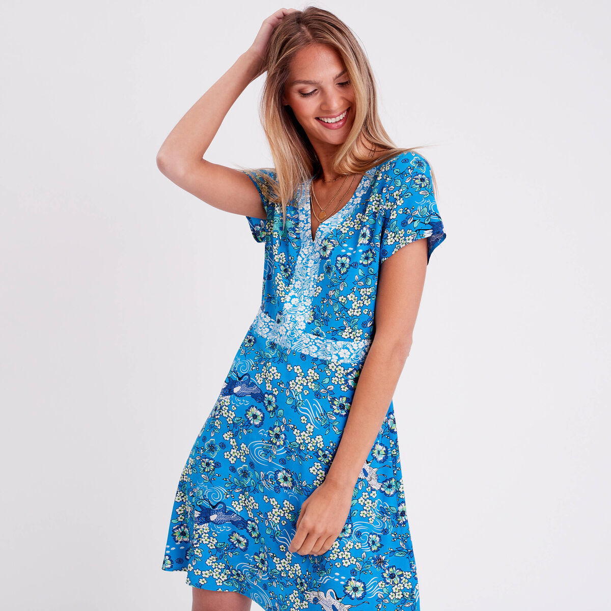Robe droite manches courtes bleu clair femme