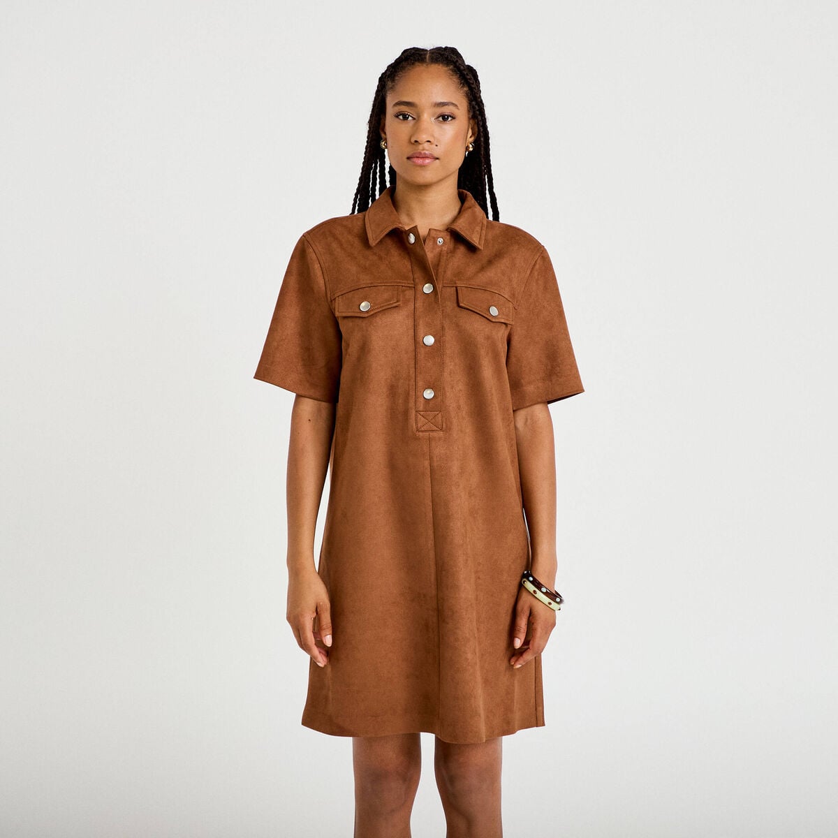 Robe droite 3/4 manches courtes daim marron femme