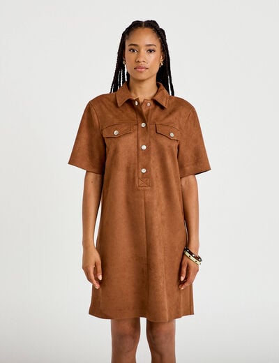 Robe droite 3/4 manches courtes daim marron femme