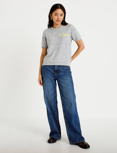 Pull ample manches courtes gris clair femme