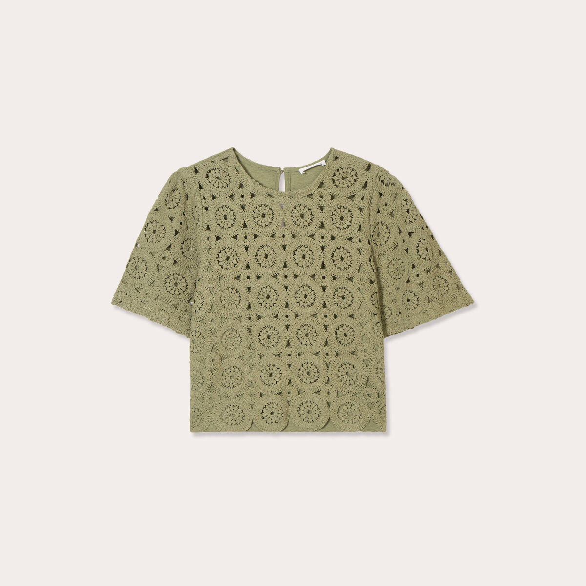 T-shirt macramé col rond vert kaki femme