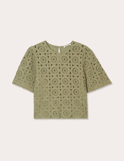 T-shirt macramé col rond vert kaki femme