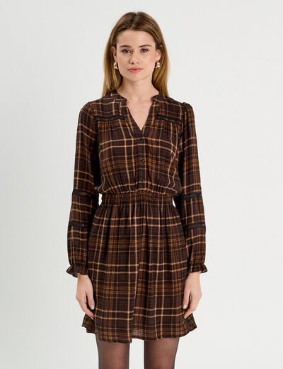 Robe évasée détails dentelle marron foncé femme