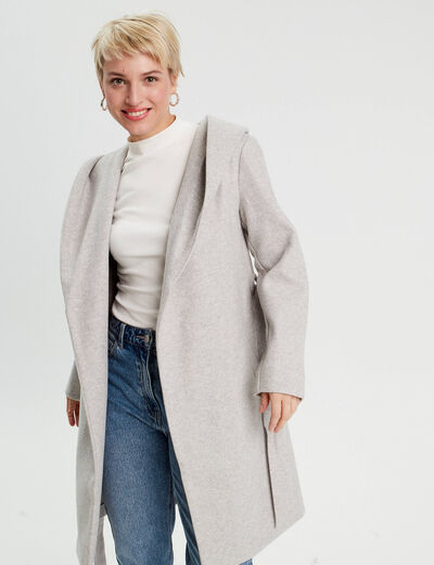 Manteau ceinturé à capuche gris clair femme