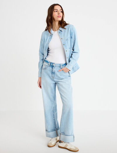 Jeans droit &agrave; revers denim triple stone femme