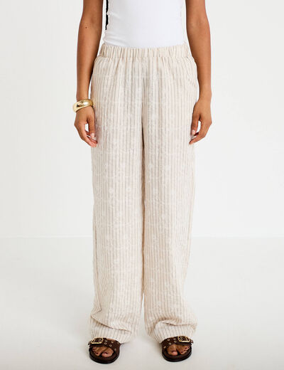 Pantalon large taille haute en velours creme femme