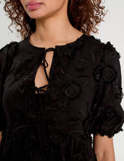 Robe évasée brodée noir femme