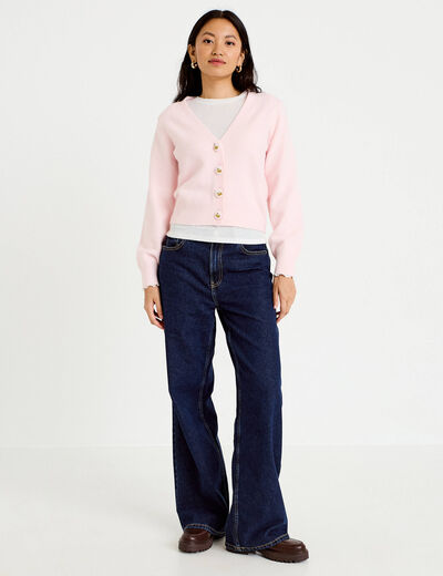 Gilet col v broderie manches longues rose clair femme