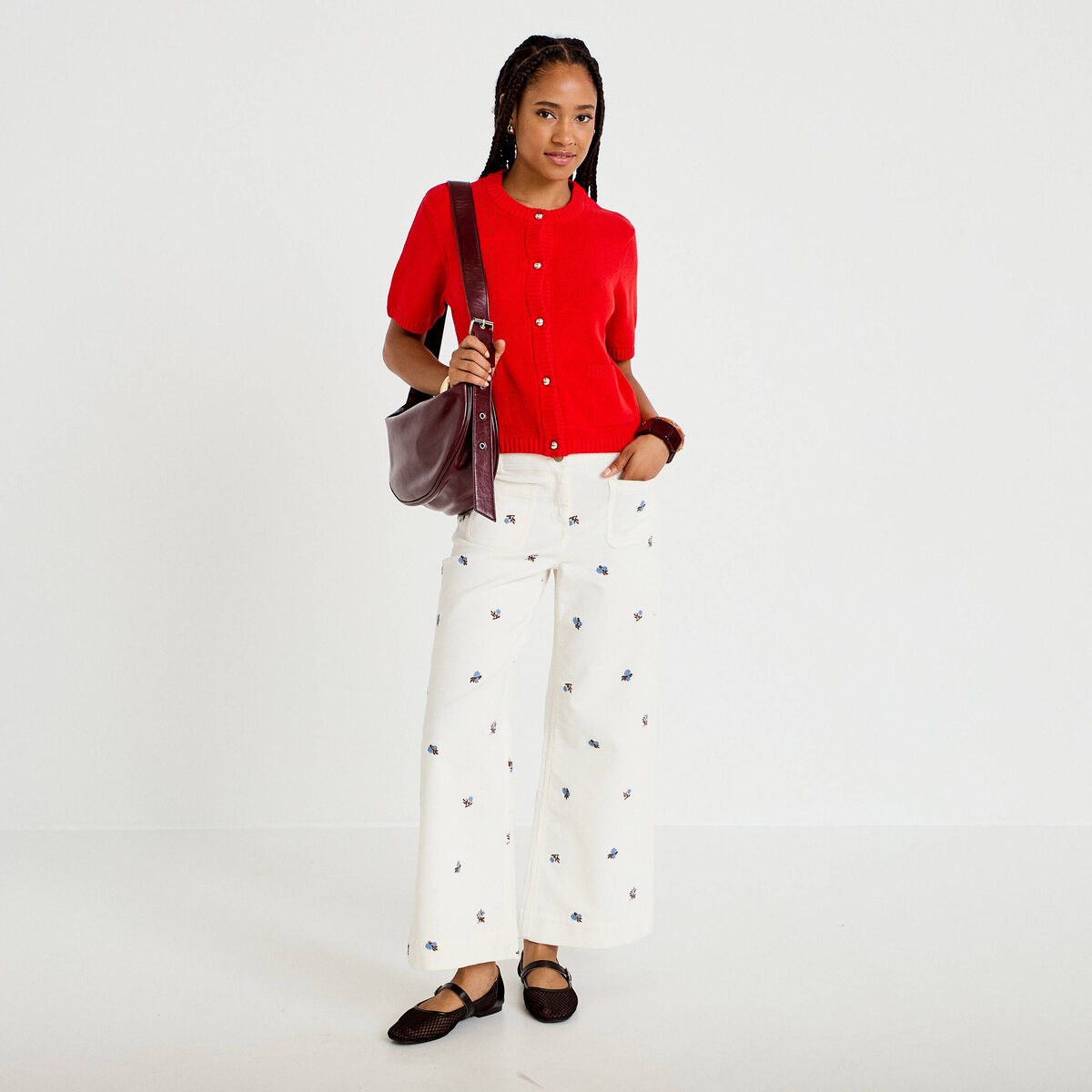 Pantalon wide leg taille haute velours blanc femme